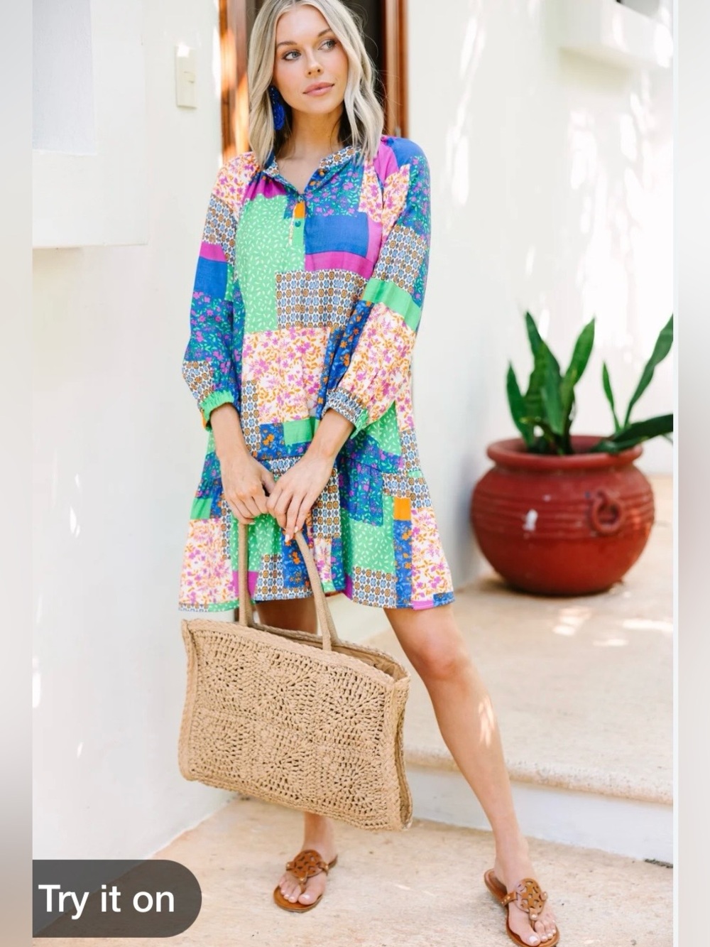 Fate Colorful Patchwork Boho Swing Dress | Long Sleeve | Size S